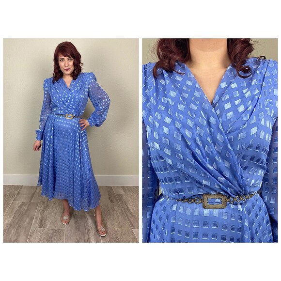 Size M | Vintage 1980s 80s Periwinkle Puff Balloon Long Sleeve Ethereal Dress - Picture 1 of 10